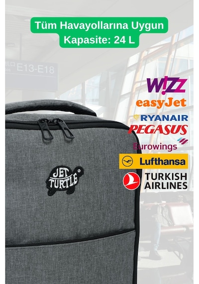 Jet Turtle Seyahat Sırt Çantası 40cm 40x25x15 Cm Pegasus, Wizz Air, Ryanair, El Valizi Koltuk Altı Valizi Gri