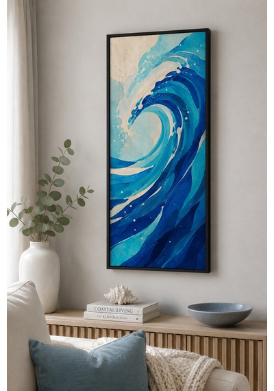 Dinamik Soyut Okyanus Dalgası Ahşap Tablo Uv Baskı Siyah Çerçeveli 25x60 Cm Dikey Modern Deniz Temalı Dekorasyon