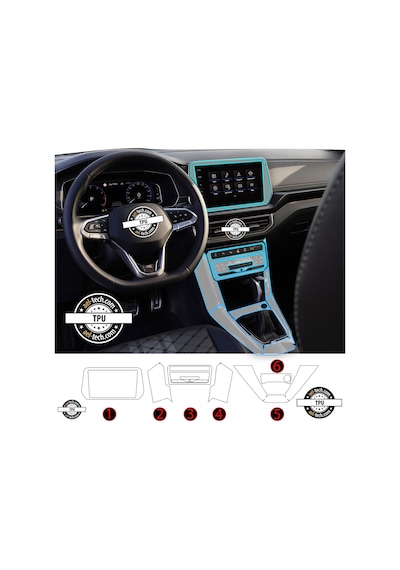 Volkswagen T-cross Uyumlu Vites Etrafı Ve Ön Göğüs Piano Black 6 Lı Set Tpu Koruyucu 2024-2025