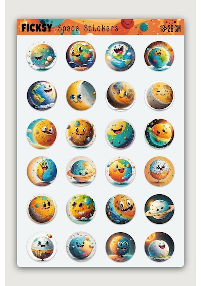 Sevimli Gezegenler Sticker Seti - 24 Adet Yuvarlak Etiket Çıkartma Diğer