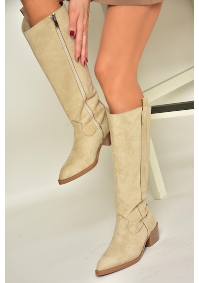 Fox Shoes T480142802 Ten Süet Alçak Topuklu Kadın Çizme Ten