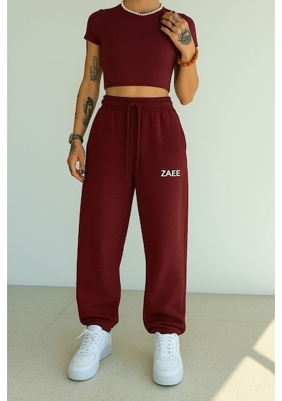 Zaee Nakışlı Yazlık Kumaş Ayarlanabilir Paça Baggy Premium Eşofman Altı Bordo