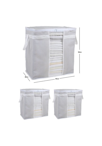 Bts Shop 3 Adet - Pencereli Saklama Çantası Çizgili 50x45x30cm Gri - Beyaz
