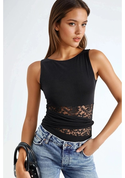 Hiccup Cut Out Dantel Detaylı Body Siyah