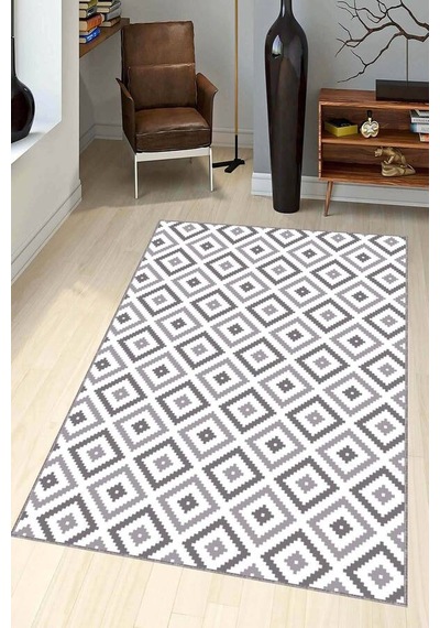 Koyu Gri Karo Kaymaz Taban Makinede Yıkanabilir Halı Kr002n11