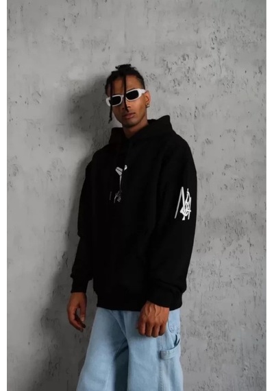 Vexor Unisex Sırt Baskılı Kapüşonlu Üç İplik Oversize Sweatshirt - Siyah