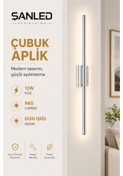 Dekoratif 12w İç Mekan Krom Kasa Gün Işığı 80 Cm Duvar Aplik Elektrikli 1 Adet