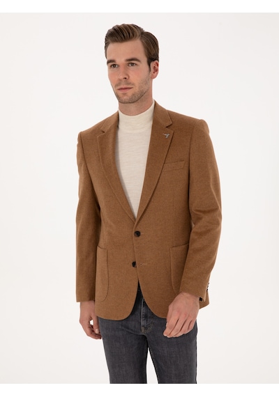 Cacharel Camel Slim Fit %100 Kaşmir Flanel Ceket Kahverengi