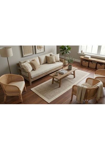 Derin Sisal Bej Bordürlü Vizon Jüt Sisal Dekoratif Kaymaz Taban Yıkanabilir Halı St09-1047 Renkli