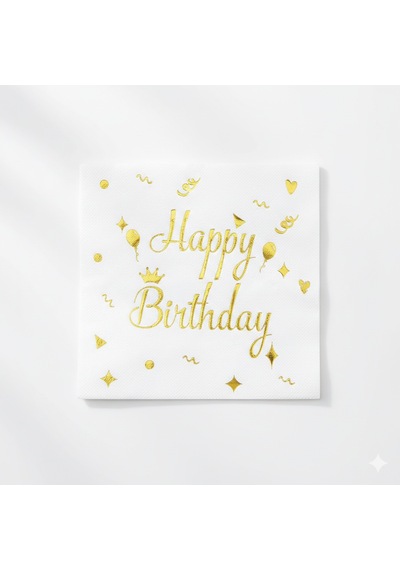 Varaklı Happy Birthday Beyaz Gold Baskılı Peçete 20'li Doğum Günü Parti Peçetesi +3