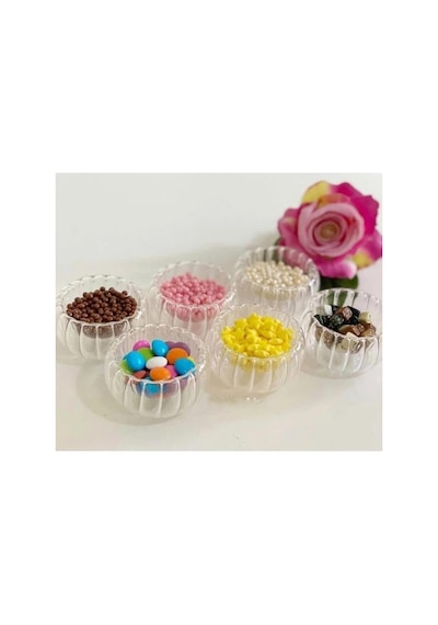 6'lı Çift Cidarlı Cam Sosluk Reçellik Drajelik Lokumluk Mini Kase 6.1 X 4 Cm Çok Renkli