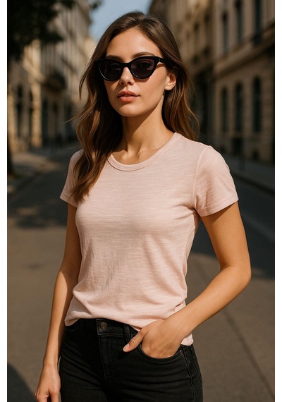 Kadın %100 Organik Pamuklu Relaxed Yıkamalı T-shirt Bisiklet Yaka Kısa Kollu Kadın Basic Tişört Pembe