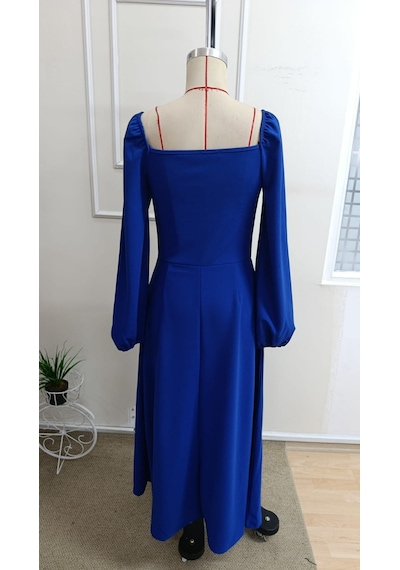 Bhrwear Kadın Uzun Kollu Kalp Yakalı Yırtmaçlı Uzun Ithal Krep Elbise Renkli