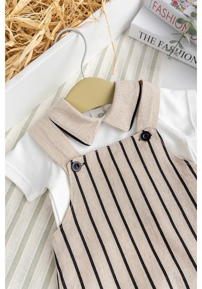Babymod Erkek Bebek %100 Pamukyazlık Salopet Tulum Set Bej