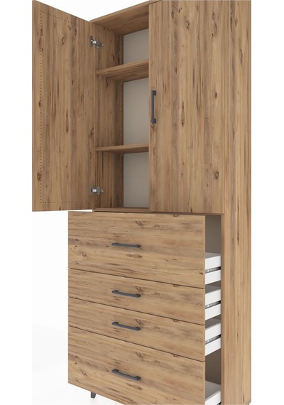 Arges Dolap 3 Raflı 4 Çekmeceli 2 Kapaklı 88x30x221 Çam-çam Çam
