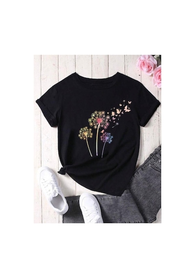 Medinenur Uçan Kelebekler Baskılı Basic T-shirt Siyah