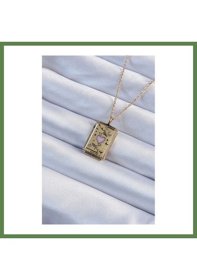 Bezos 316l Çelik Zincir Eskitme Gold Renk Pembe Mineli Kalp Figürlü Tarot Kolye Hb006