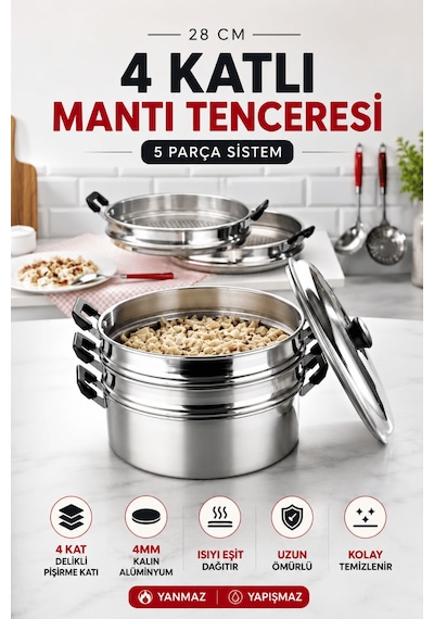 Buharlı Alüminyum Mantı Tenceresi 28 Cm 4 Katlı Özbek Kazak Mantı Pişirme Tenceresi Gri