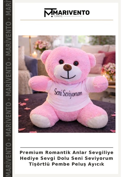Premium Romantik Anlar Sevgiliye Hediye Sevgi Dolu Seni Seviyorum Tişörtlü Pembe Peluş Ayıcık Çok Renkli
