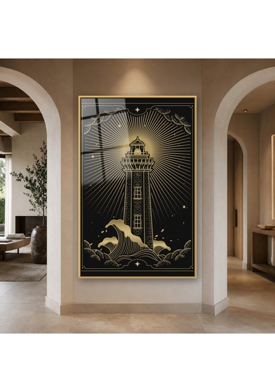 Dalgalarda Altın Deniz Feneri Gold Çerçeveli Cam Tablo