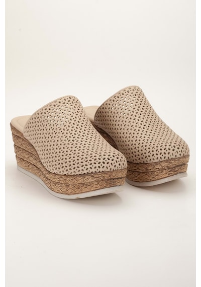 Analin Shoes Kadın Hakiki Deri Burnu Kapalı Dolgu Topuk Terlik Bej