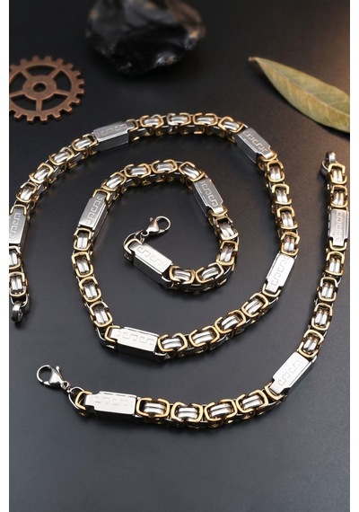 Paslanmaz Çelik Kral Model Erkek Kolye Zincir Ve Bileklik Set 8mm Grek Desenli 902930 Çok Renkli