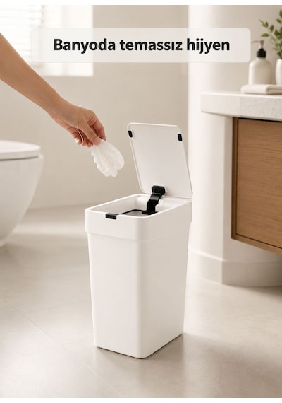 Slim Sensörlü Akıllı Çöp Kovası 9 L - Dar Alan İçin Otomatik Banyo Mutfak Çöp Kutusu Beyaz