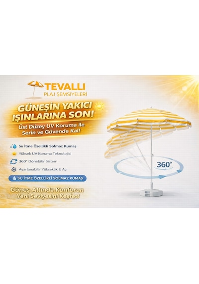 360 Dönebilen Plaj Şemsiyesi Uv Korumalı Su İtici Solmaz Kumaş 190 Gr Dokuma Polyester -sarı