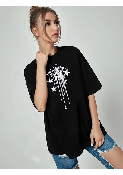 Kadın Siyah Sanatsal Yıldız Ön Baskılı Oversize T-shirt SIYAH