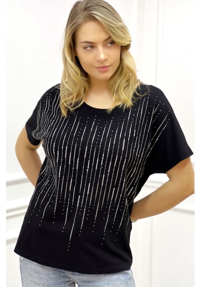 Rich Glam Bol Kesim Bisiklet Yaka Büyük Beden Crystal Taşlı Kadın T-shirt