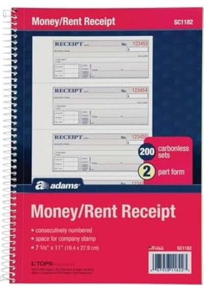 "money/rent Receipt Bk, Spiral, 2-parça, 7 5/8" X11,200/bk, Sold As 1 Her Biri