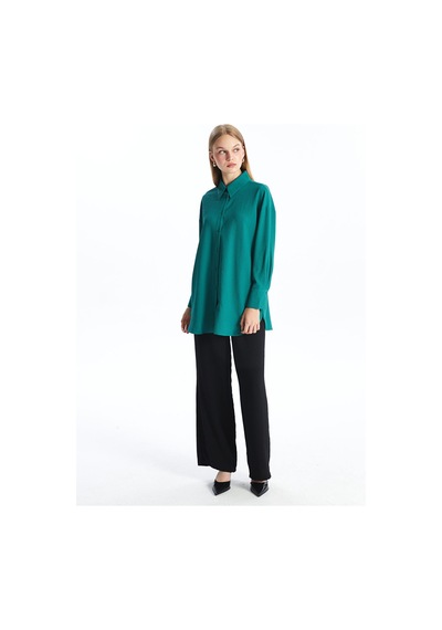Lcw Modest Yeşil Düz Uzun Kollu Oversize Gofre Kadın Gömlek