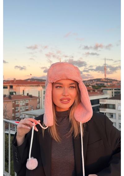 Mollycrush Kadın Pudra Suni Kürk Peluş Tüylü Elit Ponponlu Şapka Bere Pudra