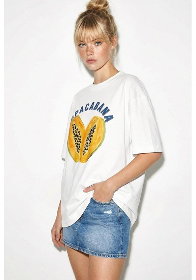Shade Kadın Pamuk Bisiklet Yaka Papaya Baskılı Oversize T-shirt Öt261006 60286080 - Beyaz Standart