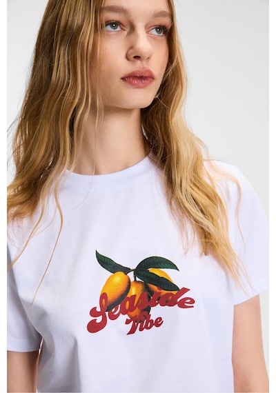 ETHIQUET E VERA Kadın %100 Pamuk Comfort Fit Baskılı Kısa Kollu Yuvarlak Yaka Beyaz T-Shirt