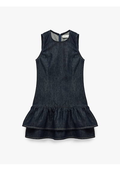 Koton Pamuklu Rahat Kalıp Kolsuz Bisiklet Yaka Katlı Mini Jean Elbise Koyu İndigo 7wal80009md Indigo