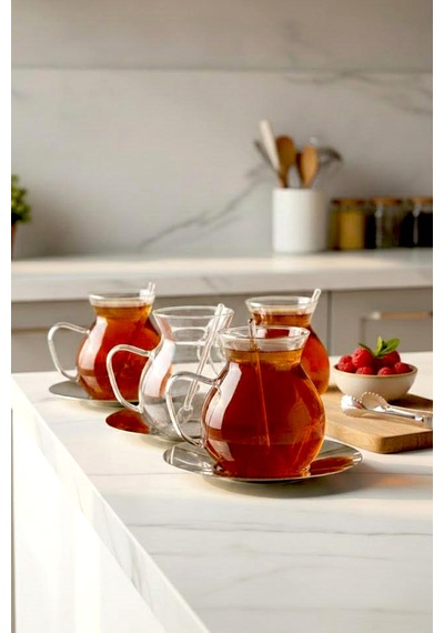 Keyf-i Ala 18 Parçametal Altlıklı Cam Kaşıklı Çay Bardağı Seti 200 Ml Beyaz