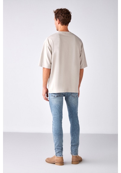 Grimelange Joel  Erkek %100 Organik Pamuklu Kalın Kumaşlı Özel Dokulu Etiket Detaylı Oversize Taş Rengi T-shirt