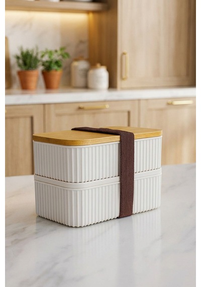 Makri Home Bambu Kapaklı 2'li Saklama Kabı Seti 0,5+0,5 Litre Üst Üste Konabilir 15x9x10 Cm Beyaz