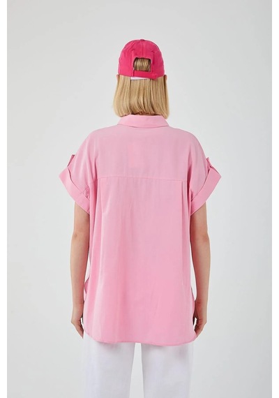 Mixray 3967 Kadın Apoletli Kısa Kol Oversize Gömlek Şeker Pembe