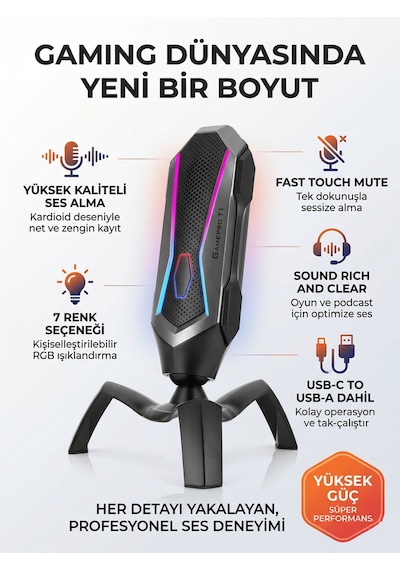 Podcast Yayıncı Mikrofonu Tak Çalıştır 7 Renk Rgb Işıklı Gürültü Engelleyici Kardioid Alıcı Mikrofon