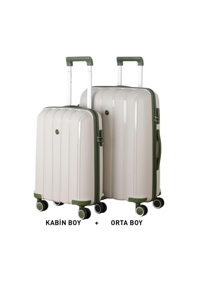 Mçs Bavul Orta Ve Kabin 2li Set Kırılmaz Silikon Valiz V305 Kemikhaki Kemik