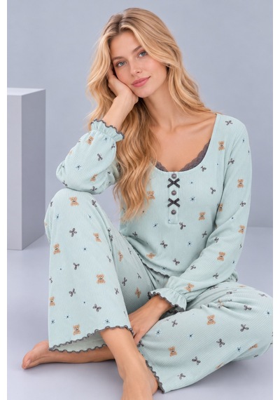 Pijamask Kadın Desenli Dantel Detaylı Fiyonk Ve Düğmeli Uzun Kollu Pijama Takımı Turkuaz Pijamask Kadın Desenli Dantel Detaylı Fiyonk Ve Düğmeli Uzun Kollu Pijama Takımı Turkuaz