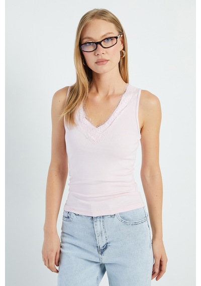 Fullamoda Dantelli V Yaka Slim Fit Bluz Pembe