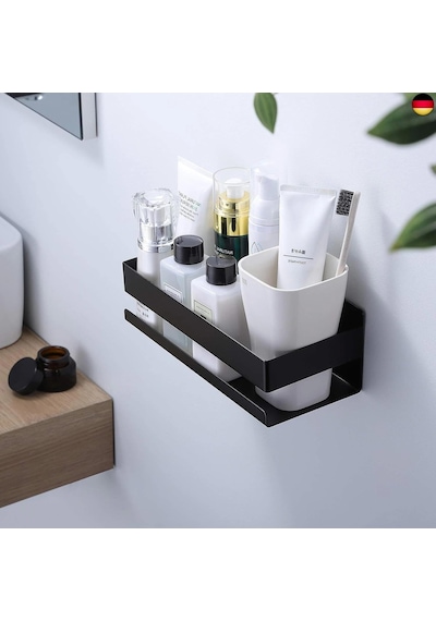 Siyah Paslanmaz Metal Banyo Rafı - 3m Yapışkanlı Duş Rafı Ve Mutfak Düzenleyici Organizer - Matkap Gerektirmeyen Kolay Montaj