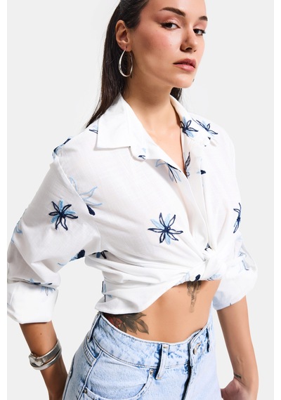 Itsbasic Kadın Beyaz Mavi S6-103 Oversize Nakışlı Gömlek