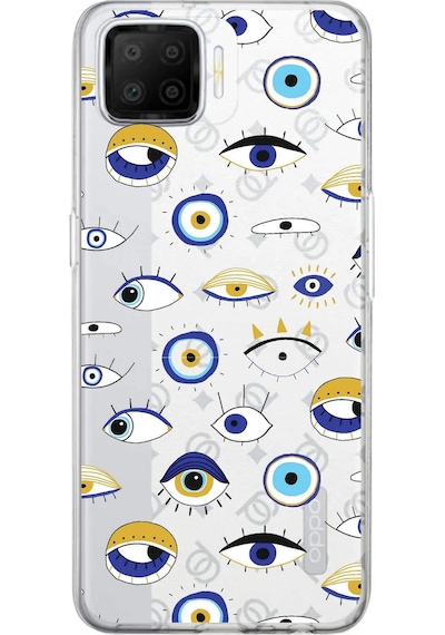 Oppo A73 İle Uyumlu 1mm Slim Fit Nazar Boncuğu 2 Baskılı Şeffaf Kılıf Şeffaf