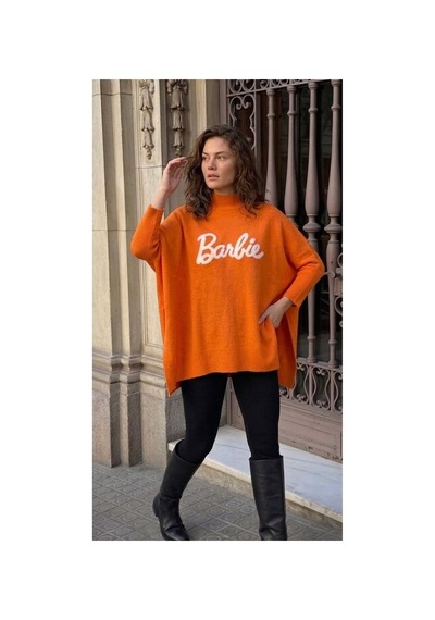 Onno Style Women Barbie Nakışlı Yırtmaçlı Triko Kadın Panço Turuncu