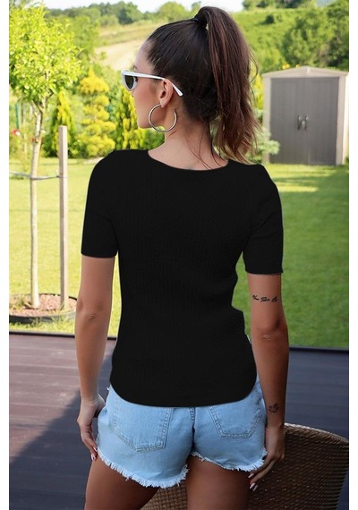 Aqe Fashion V Yaka Kısa Kol Siyah Bluz Siyah