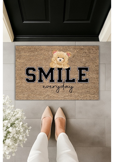 Rugmood Modern Dijital Baskı Paspas - Ayıcık Smile Everyday - Kapı Önü Paspası 70x45cm Kahverengi